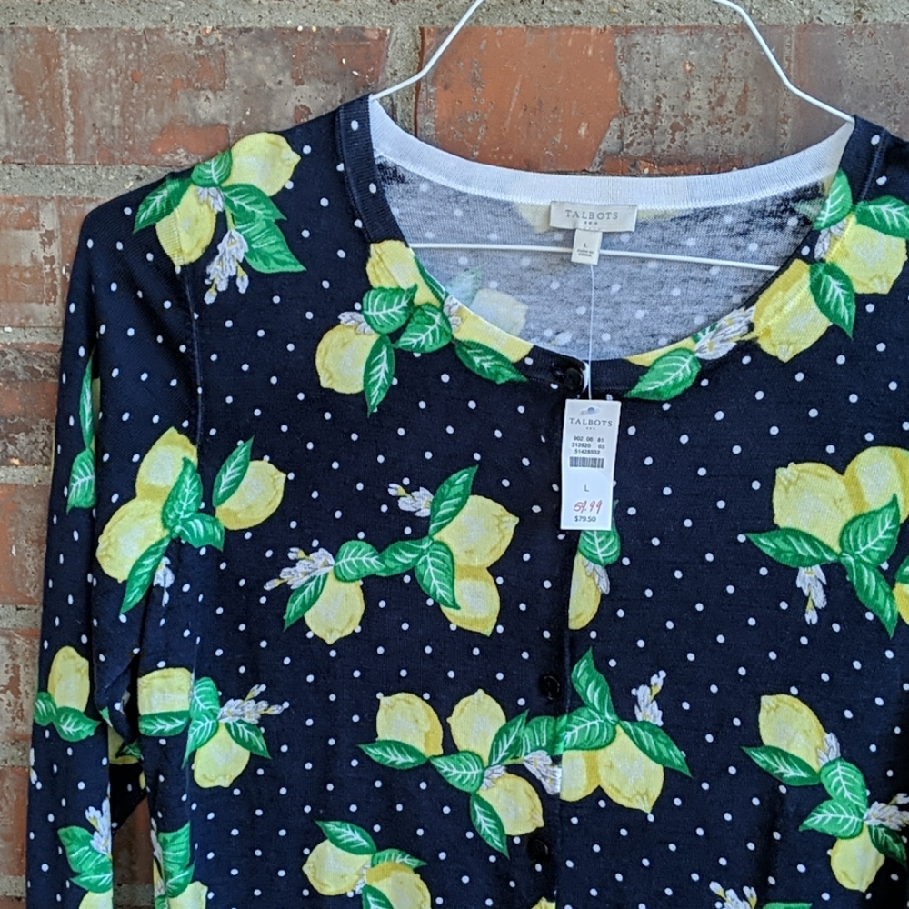NWT Talbots Lemon Print 3/4 Sleeve Cardigan